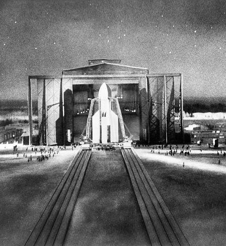 The lunar rocket being moved to launch pad, still from Frau im Mond, directed by Fritz Lang, 1929 (silentlondon.co.uk)