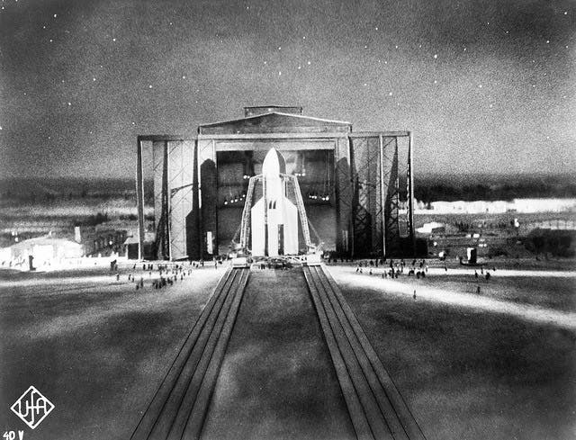 The lunar rocket being moved to launch pad, still from Frau im Mond, directed by Fritz Lang, 1929 (silentlondon.co.uk)