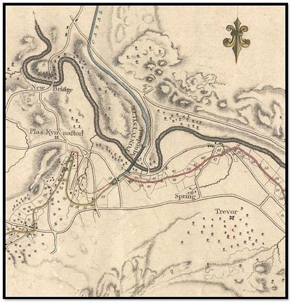 Map of the Pontcysyllte Aqueduct crossing the River Dee in Denbighshire, Wales, by William Jessop, 1803; the River Dee loops across horizontally, and the aqueduct is at center, running from SSW to NNE (plaskynastoncanalgroup.org)