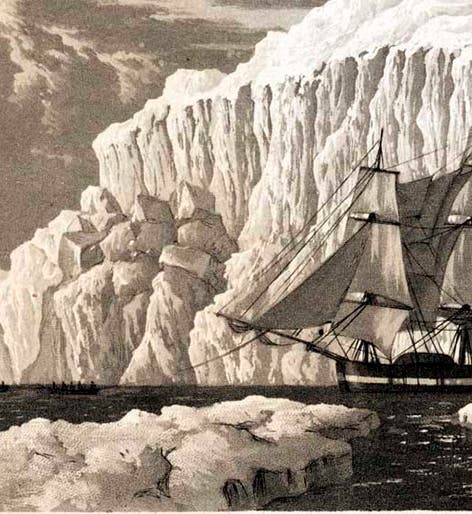 HMS Hecla, being towed out of danger by longboats in Baffin Bay, engraving in Journal of a Voyage for the Discovery of a North-West Passage, by William Edward Parry, 1821 (Linda Hall Library)