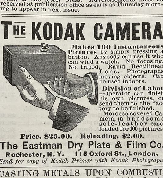 Small advertisement for the new Kodak camera, placed by the Eastman Dry Plate and Film Co. of Rochester, N.Y., in Scientific American, Nov. 3, 1888 (Liinda Hall Library)