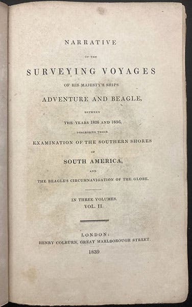 Title page, volume 2, Narrative of the Surveying Voyages of His Majesty's ships Adventure and Beagle, by Robert FitzRoy et al., 1839 (Linda Hall Library)