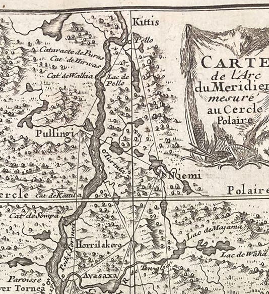 Detail of map of Lapland, showing series of triangulations made to determine the length of a degree of latitude, La figure de la terre, déterminée par les observations de Messieurs de Maupertuis, Clairaut, Camus, Le Monnier ... & de M. l'Abbé Outhier ... accompagnes de M. Celsius ... faites par ordre du roy au cercle polaire, plate 1 at end, 1738 (The Linda Hall)