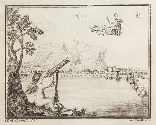 The discovery of Ceres between Mars and Jupiter, engraved headpiece to Giuseppe Piazzi, <i>Della scoperta del nuovo pianeta Cerere</i>, 1802 (Linda Hall Library)