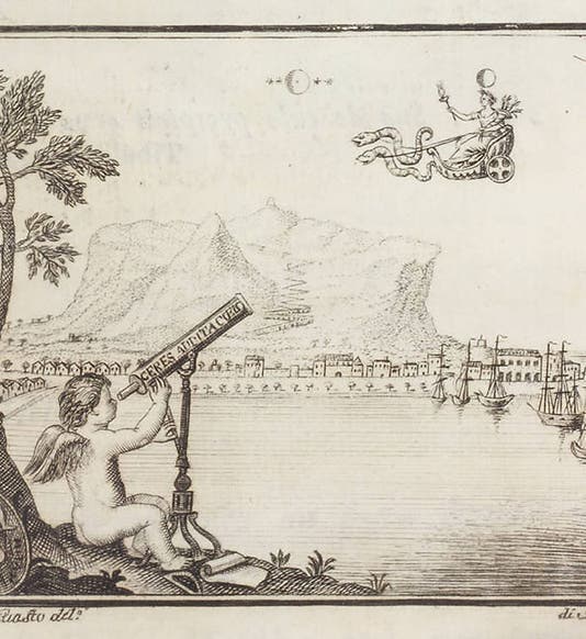 The discovery of Ceres between Mars and Jupiter, engraved headpiece to Giuseppe Piazzi, <i>Della scoperta del nuovo pianeta Cerere</i>, 1802 (Linda Hall Library)
