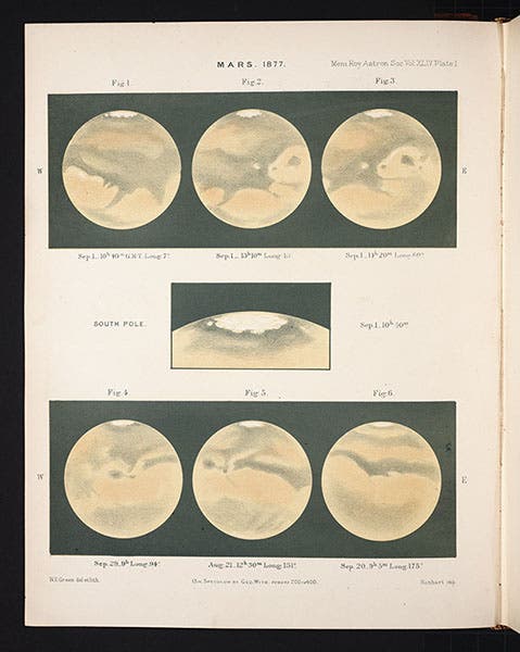 Seven views of Mars from Madeira, drawn and lithographed by Nathaniel Green, for his article, "Observations of Mars, at Madeira, in August and September 1877," Memoirs of the Royal Astronomical Society, vol. 44, 1879 (Linda Hall Library)
