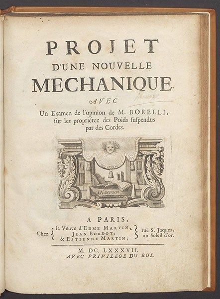 Title page, Pierre Varignon, Projet d’une nouvelle mechanique, 1687 (Linda Hall Library)