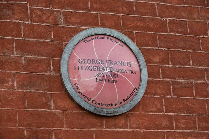 Memorial plaque for George Francis FitzGerald, mounted outside the house at 7 Ely Place, Dublin, where he lived (Wikimedia commons)