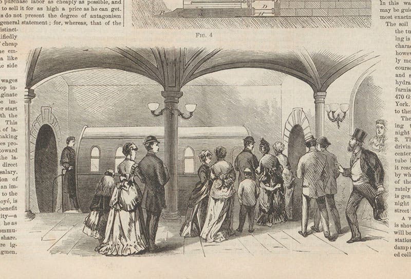 Underground station for the Broadway Pneumatic Underground Railway, wood engraving, Scientific American, vol. 22, Mar. 5, 1870 (Linda Hall Library)
