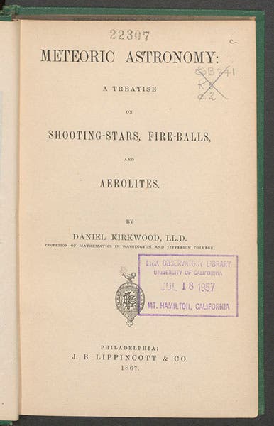 Meteoric Astronomy, by Daniel Kirkwood, title page, 1867 (Linda Hall Library)