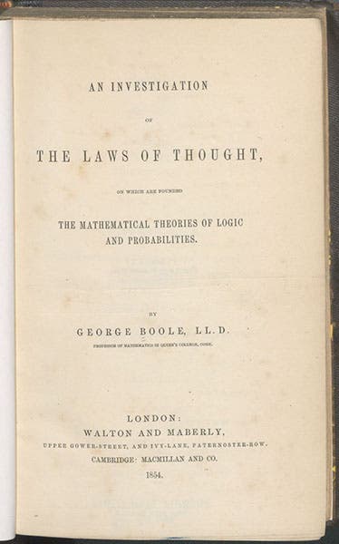 Title page, Investigation of the Laws of Thought, by George Boole 1854 (Linda Hall Library)