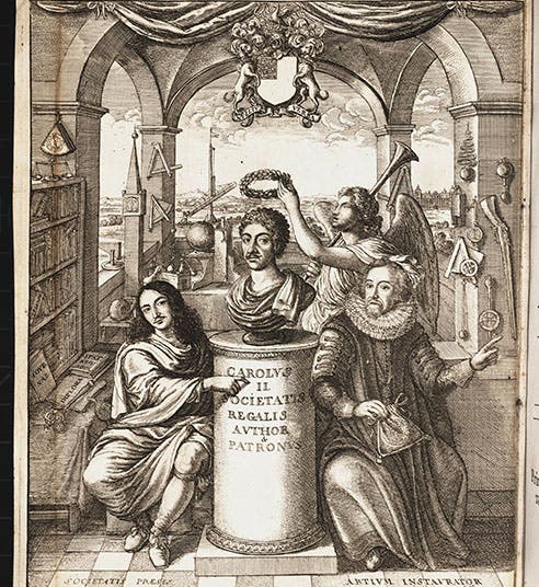 Frontispiece to Thomas Sprat, The History of the Royal-Society of London, engraving by Wenceslaus Hollar after drawing by John Evelyn, 1667 (Linda Hall Library)