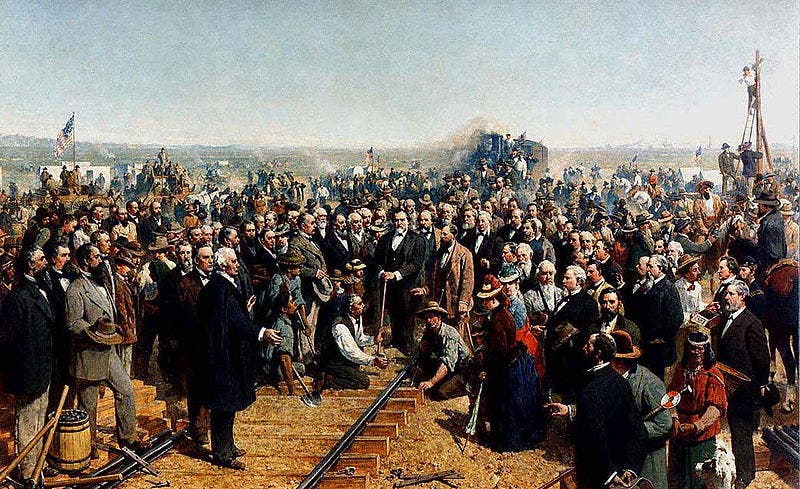 The Last Spike, oil on canvas, by Thomas Hill, 1881, California State Railroad Museum, Sacramento; Leland Stanford is at center, holding the handle of a sledgehammer (Wikimedia commons)