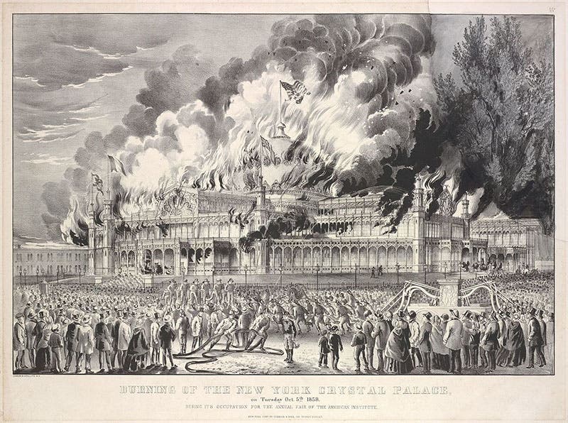 The New York Crystal Palace in flames, Oct. 5, 1858, lithograph, Currier & Ives, undated, but ca 1858 (Wikimedia commons)