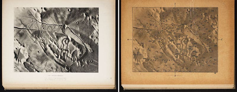 The Hyginus rille, without (left) and with (right) its glassine overlay, from Johann Krieger, Mond-Atlas, 1898-1912 (Linda Hall Library)