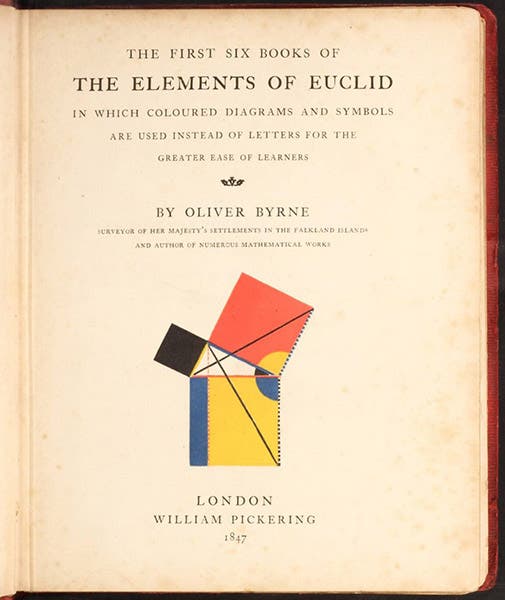 Title page, The first Six Books of the Elements of Euclid, by Oliver Byrne, 1847 (Linda Hall Library)