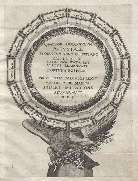 A geometrically-constructed 14-sided table for the 14 Habsburg emperors, engraving, Problema Austriacum, by Albert Curtz, 1653 (Linda Hall Library)