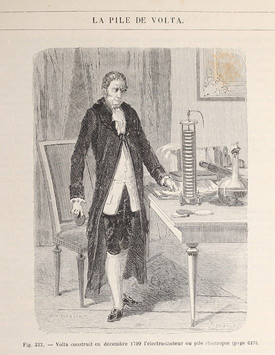 Alessandro Volta and his Voltaic pile, wood engraving by Yan Dargent, in Louis Figuier, Les Merveilles de la science, 1867-91 (Linda Hall Library)