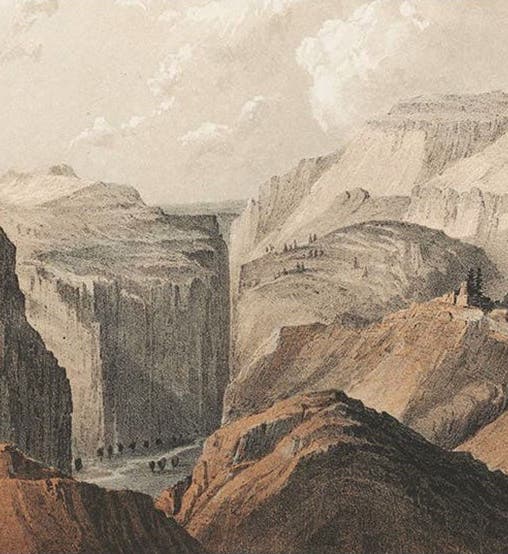 Black Canyon of the Grand River (later the Gunnison), detail of a tinted lithograph by John Mix Stanley after a sketch by Frederick W. von Egloffstein, in Pacific Railroad Reports, vol. 2, 1855 (The Linda Hall)