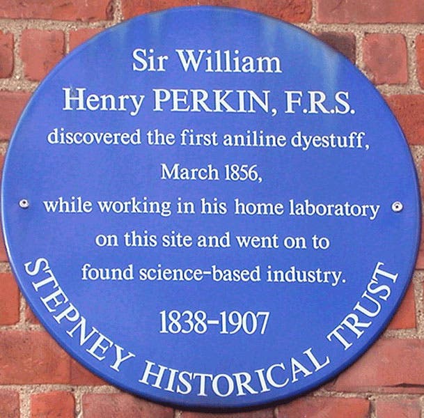 Blue plaque honoring William Henry Perkin, Cable Street, London, near where once stood the house in which Perkin first synthesized mauveine in 1856 (Wikimedia commons)