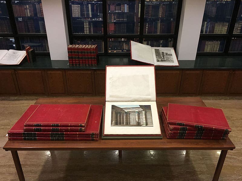 The 22 volumes of the Library’s set of Description de l’Égypte, ed. by Edme Jomard, 1809-28, laid out in the History of Science reading room (photo by the author)