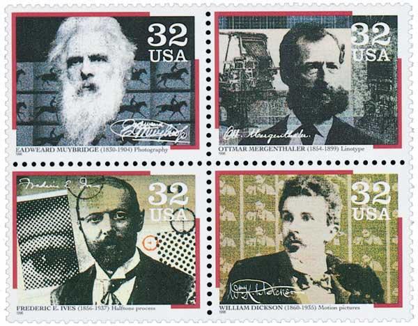 “Pioneers of Communication”, U.S. Postal Service commemorative series, 1996; Ottmar Mergenthaler is at upper right (mysticstamp.co)