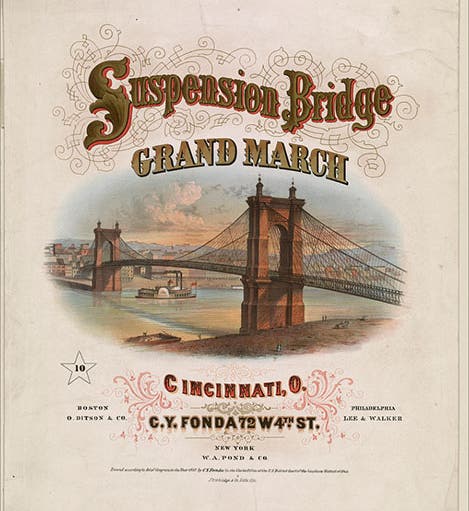 “Suspension Bridge Grand March,” sheet music cover, commemorating the opening of the Ohio River suspension bridge, designed and built by John A. Roebling, Cincinnati, 1867, Library of Congress (loc.gov)