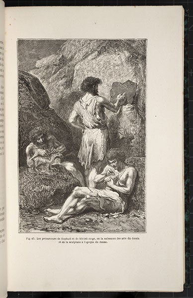 The beginning of arts of drawing and sculpture, wood engraving after drawing by Émile Bayard, in L'homme primitive, by Louis Figuier, 1870 (Linda Hall Library)