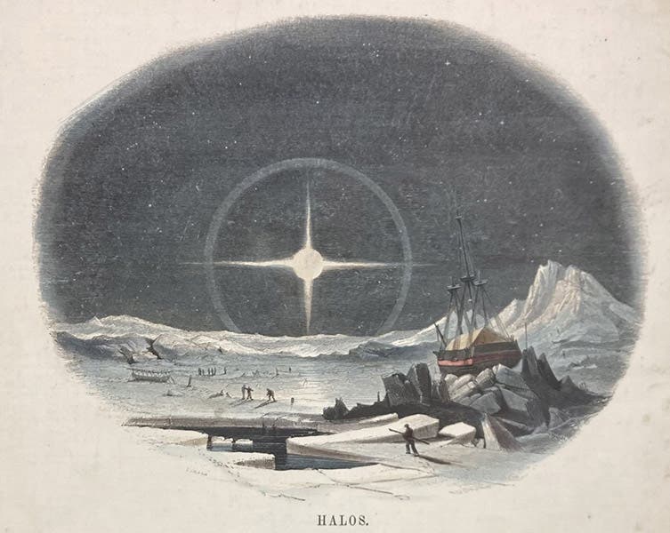 “Haloes,” hand-colored wood engraving by Josiah Wood Whymper, [Natural Phenomena], plate 13, 1846 (Linda Hall Library)