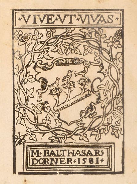 Book plate of Balthasar Dorner, inside front cover of Johannes Stöffler, Calendarium Romanum magnum, 1518 (Linda Hall Library)