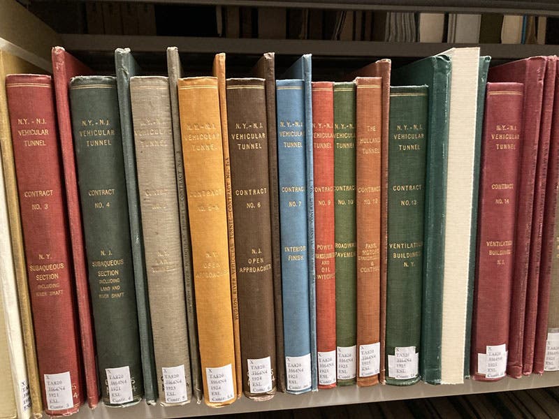 A portion (about one-fourth) of the Linda Hall Library’s collection of the Holland Tunnel bids and contracts (photo by the author)