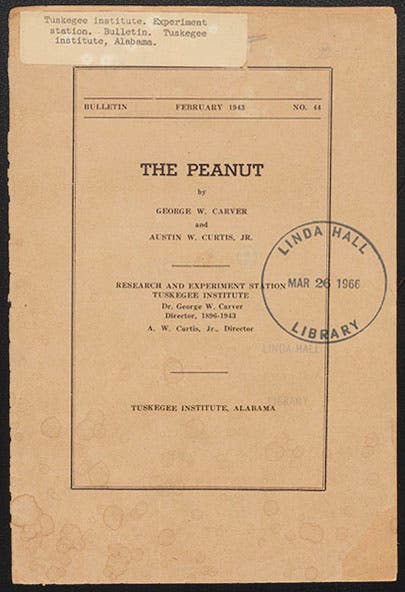 Front cover of Bulletin 44 of the Tuskegee Institute, Experiment Station, Feb. 1943, an issue devoted, appropriately, to the peanut, the last issue written by George W. Carver (Linda Hall Library) 