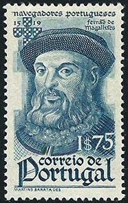 Portuguese postage stamp honoring Ferdinand Magellan, 1945 (mathematicalstamps.eu)