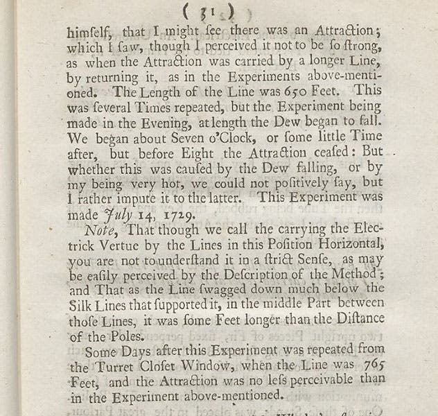 Detail of a page describing electrical conduction over a distance of 765 feet, in a paper by Stephen Gray, Philosophical Transactions of the Royal Society of London, vol. 37, 1731-32 (Linda Hall Library)