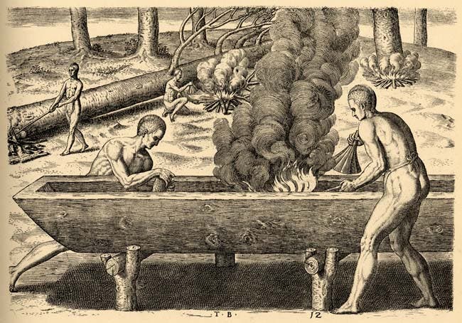 Algonquin natives making a dugout canoe, engraving by Theodor de Bry after a lost watercolor by John White, in Thomas Harriot, A Briefe and True Report of the new found land of Virginia, 1590 (docsouth.unc.edu)