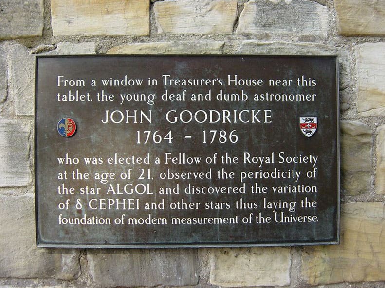 Plaque honoring John Goodricke, on the wall outside the Treasurer’s House in York, where Goodricke made his astronomical observations (Will on flickr.com)