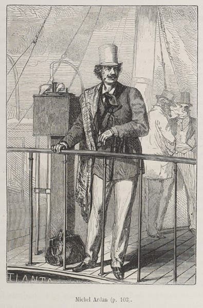 Michel Ardan, the Frenchman who volunteers to ride in the projectile to the Moon, wood engraving after a design by Henri de Montaut, in De la terre à la lune, by Jules Verne, 1865, here from the 1868 ed, Bibliothèque nationale de France (gallica.bnf.fr)