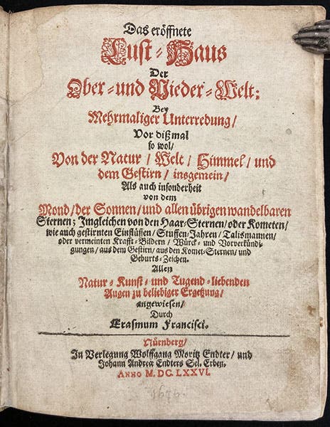 Title page, Das eröffnete Lust-Haus der Ober- und Nieder-Welt, by Erasmus Francisci, 1676 (Linda Hall Library)