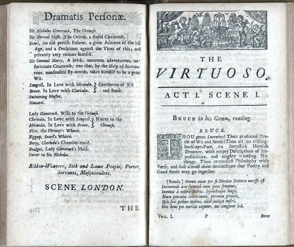 The Dramatis personae and the first page of The Virtuoso, by Thomas Shadwell, from his Dramatick Works, 1720 (kingscollections.org)