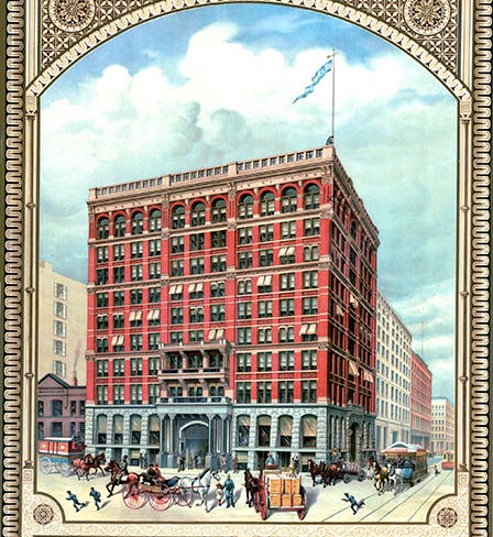 Home Insurance Company Building in Chicago in its original 10-story format, often referred to as the first skyscraper, designed and built by William Le Baron Jenney, completed 1885, early postcard  (chicagology.com)