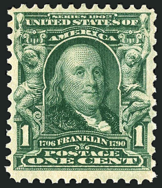 1-cent green “Benjamin Franklin,” U.S. postage stamp, Series of 1902, designed by Raymond O. Smith (mysticstamp.com)