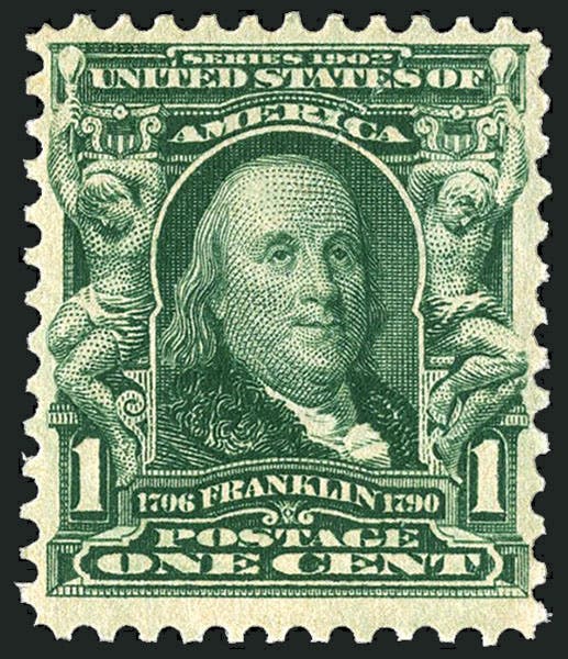 1-cent green “Benjamin Franklin,” U.S. postage stamp, Series of 1902, designed by Raymond O. Smith (mysticstamp.com)