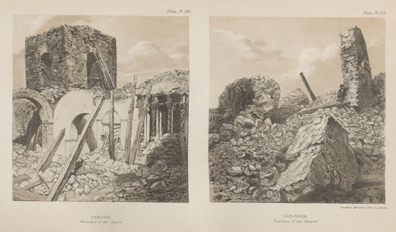 Ruins of churches at Sarconi and Saponara, tinted lithograph after photos 248 and 252, Robert Mallet, Great Neapolitan Earthquake of 1857, vol. 1, 1862 (Linda Hall Library)