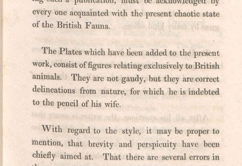 Detail of page in the preface in which the drawings on the plates are attributed to “the pencil of his wife,” The Philosophy of Zoology, by John Fleming, page xv, 1822 (Linda Hall Library)