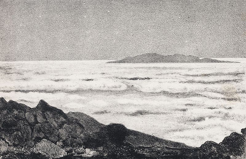 View of the cloud horizon and Grand Canary Island from Teide, from Smyth, Report on the Teneriffe Experiment, 1858 (Linda Hall Library)