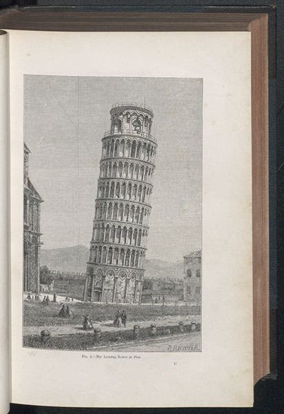 The tower of Pisa, supposed site of Galileo’s experiments on falling bodies, wood engraving, Amédée Guillemin, The Forces of Nature, 1872 (Linda Hall Library)