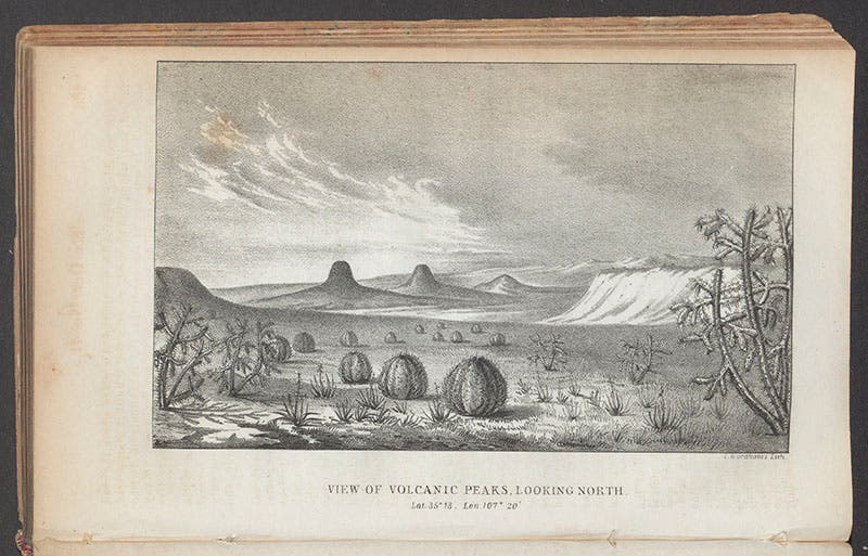 “View of volcanic peaks looking North”, lithograph from a drawing by James Abert, in W.H. Emory, Notes of a Military Reconnaissance, 1848 (Linda Hall Library)