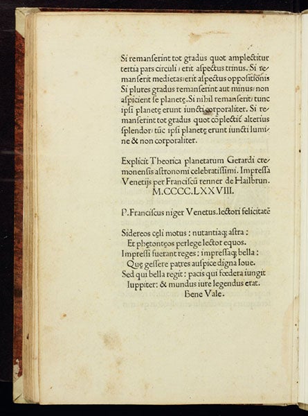 Colophon on the last page of text, showing the date, and the printer, Franz Renner, Johannes de Sacrobosco, Spera mundi, 1478 (Linda Hall Library)