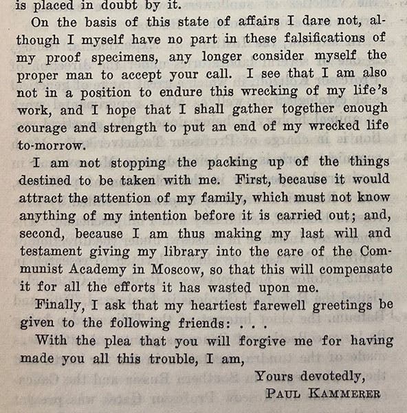 Detail of the final two paragraphs of Paul Kammerer’s letter to the Moscow Academy of Sciences, Sep. 22, 1926, announcing his intended suicide, as printed in Science, vol. 64, p. 494, 1926 (Linda Hall Library)
