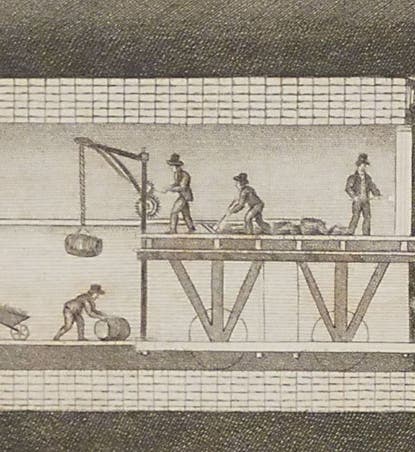 Side view of digging of the Thames Tunnel in progress, with the tunnelling shield at right, Sketches of the Works for the Tunnel under the Thames, from Rotherhithe to Wapping, 1828 (Linda Hall Library)
